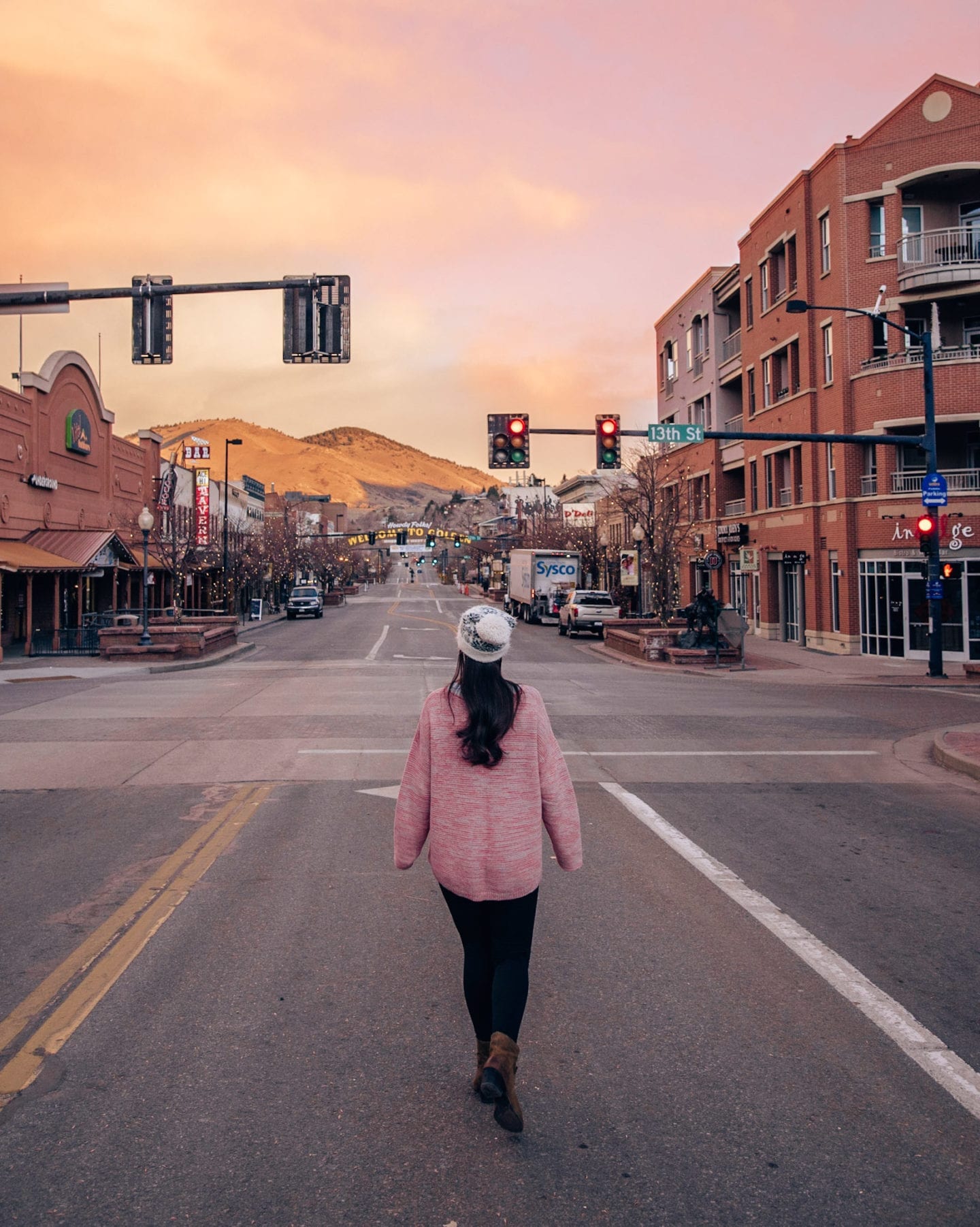Pink sunrise from main street in Golden Colorado