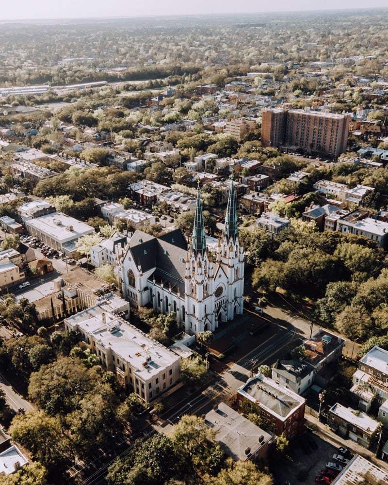 drone shot of downtown Savannah