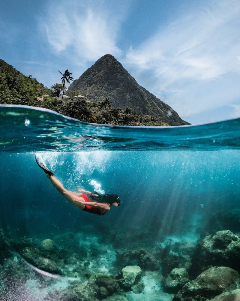 snorkeling in saint lucia in front of Gros Piton