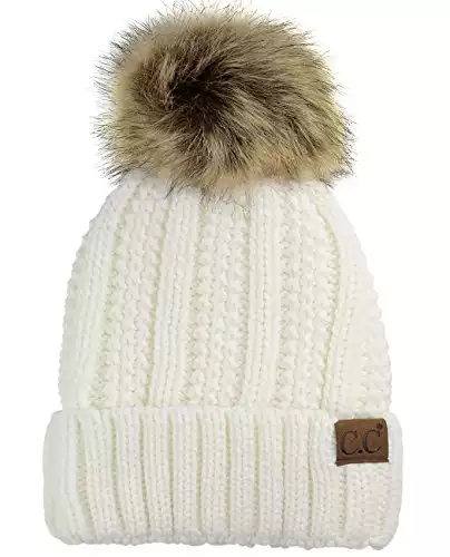 Cable Knit Faux Fuzzy Fur Pom Beanie in Ivory