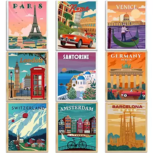 9 Pack Unframed Vintage Travel City Posters- 8" x 10" Inch