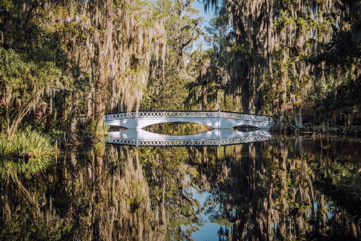 White bridge reflecting pond at Magnolia Plantation