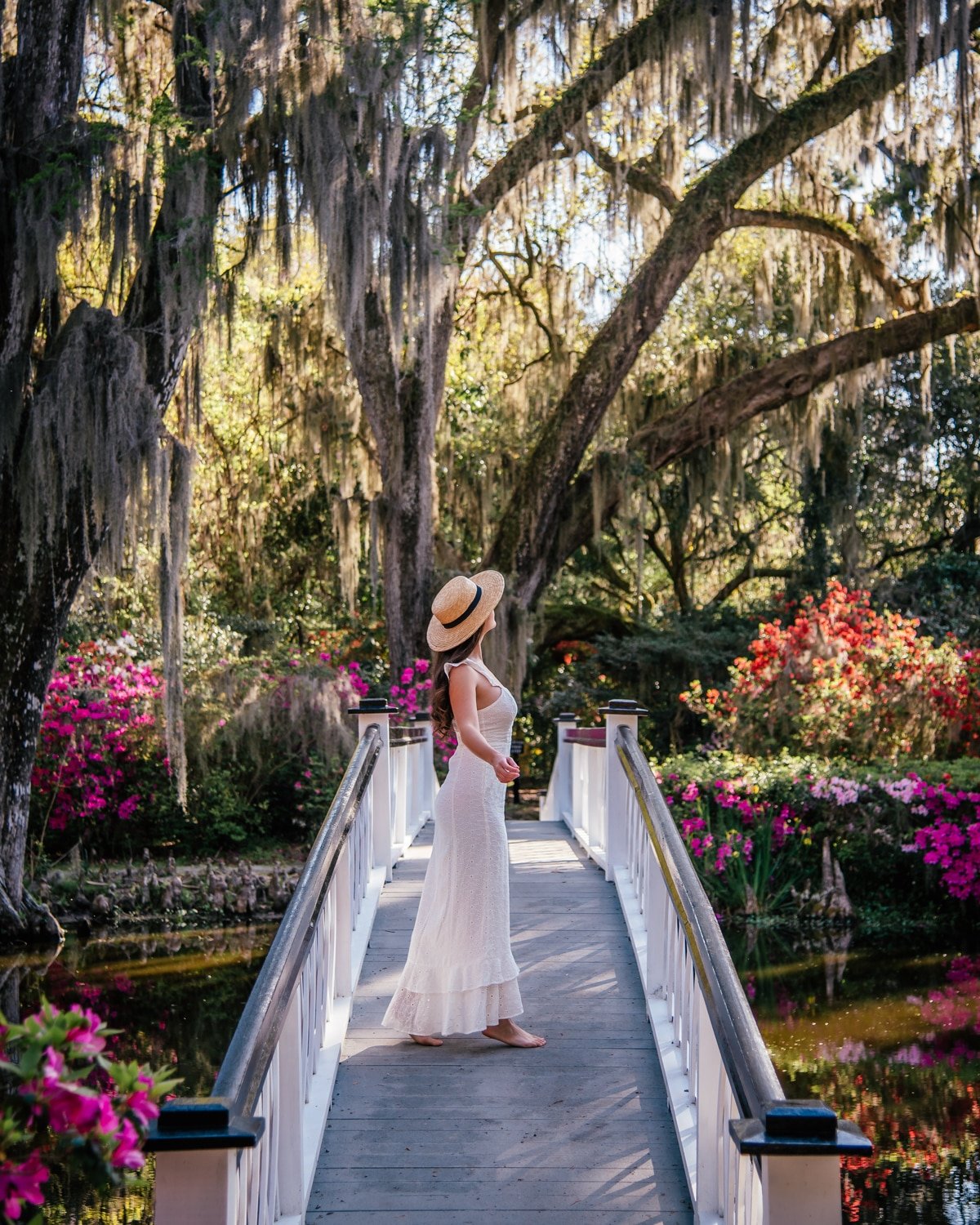 Girl on white bridge photoshoot at Magnolia Plantation