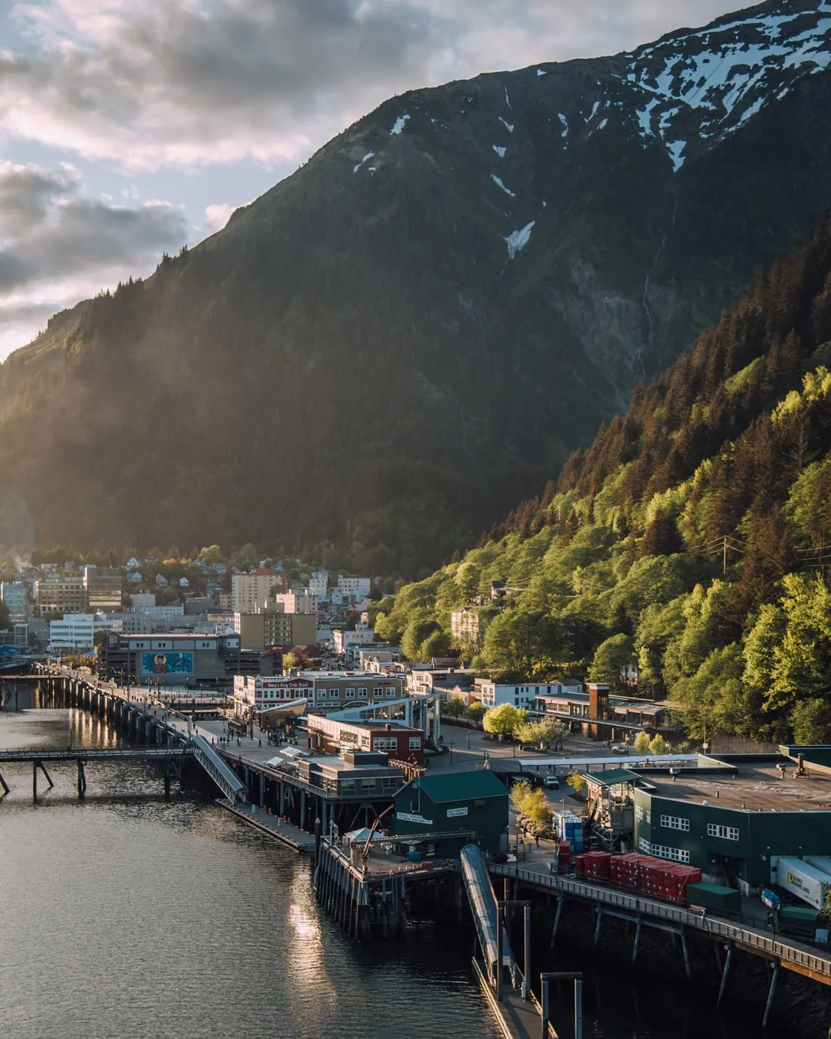 Juneau Alaska port view from cruise ship at sunset