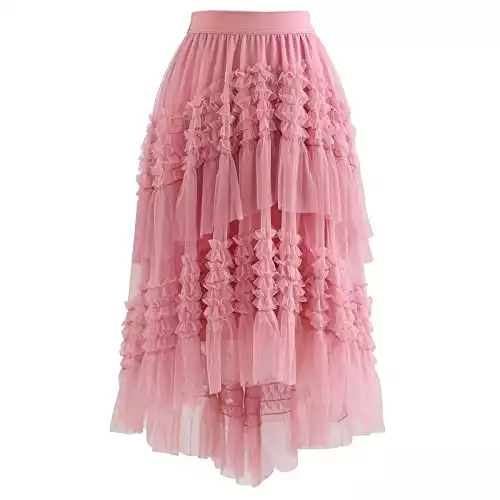 CHICWISH Women's Pink Ruffle Tiered Hi-Lo Mesh Tulle Skirt
