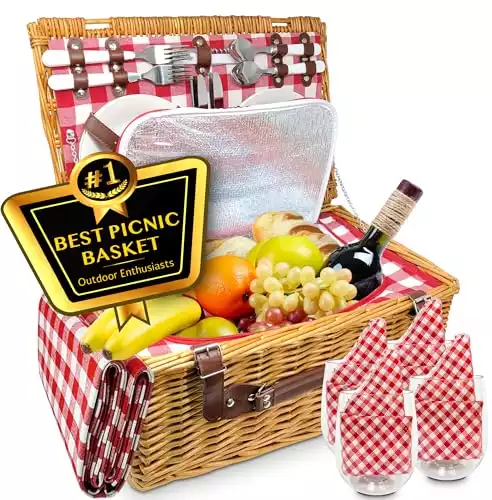 Luxury Picnic Basket for 4: Insulated Wicker Hamper with Plaid Blanket