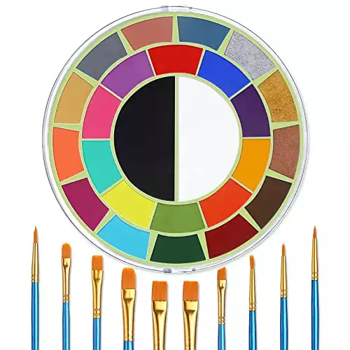 Face & Body Paint Kit - 25 Colors Water Activated Painting Makeup Palette + 10 Blue Artist Paint Brushes Set