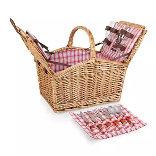 PICNIC TIME Piccadilly Picnic Basket, Romantic Picnic Basket for 2 - Includes Utensil Set, Glasses, Plates, and Wine Opener, (Red & White Plaid Pattern)