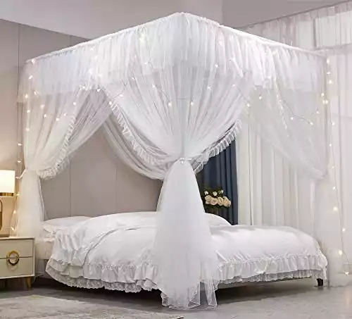 4 Corners Post Ruffle Bed Canopy Curtain
