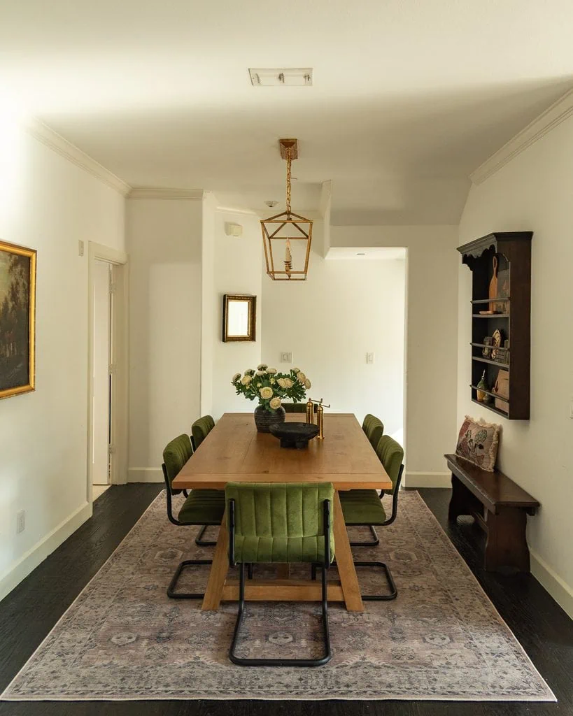 Modern Traditional Interior Design Dining Room with Modern Green Chairs and Traditional Decor