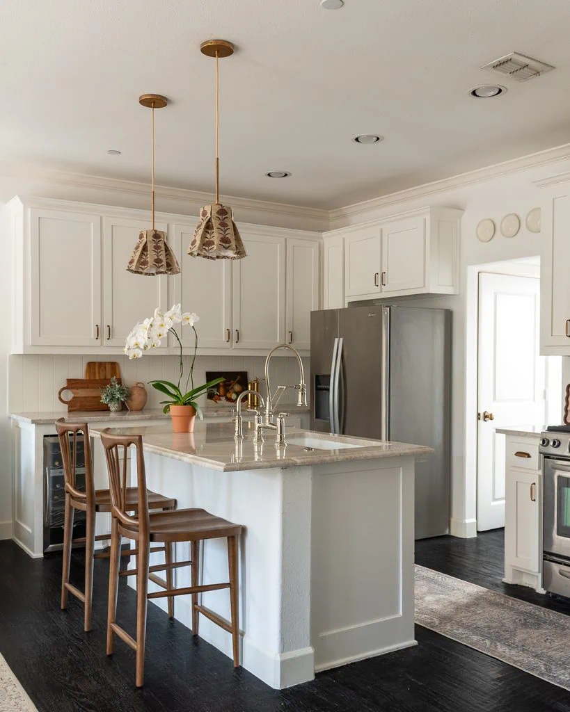 White Cabinets And Taj Mahal Quartzite Kitchen