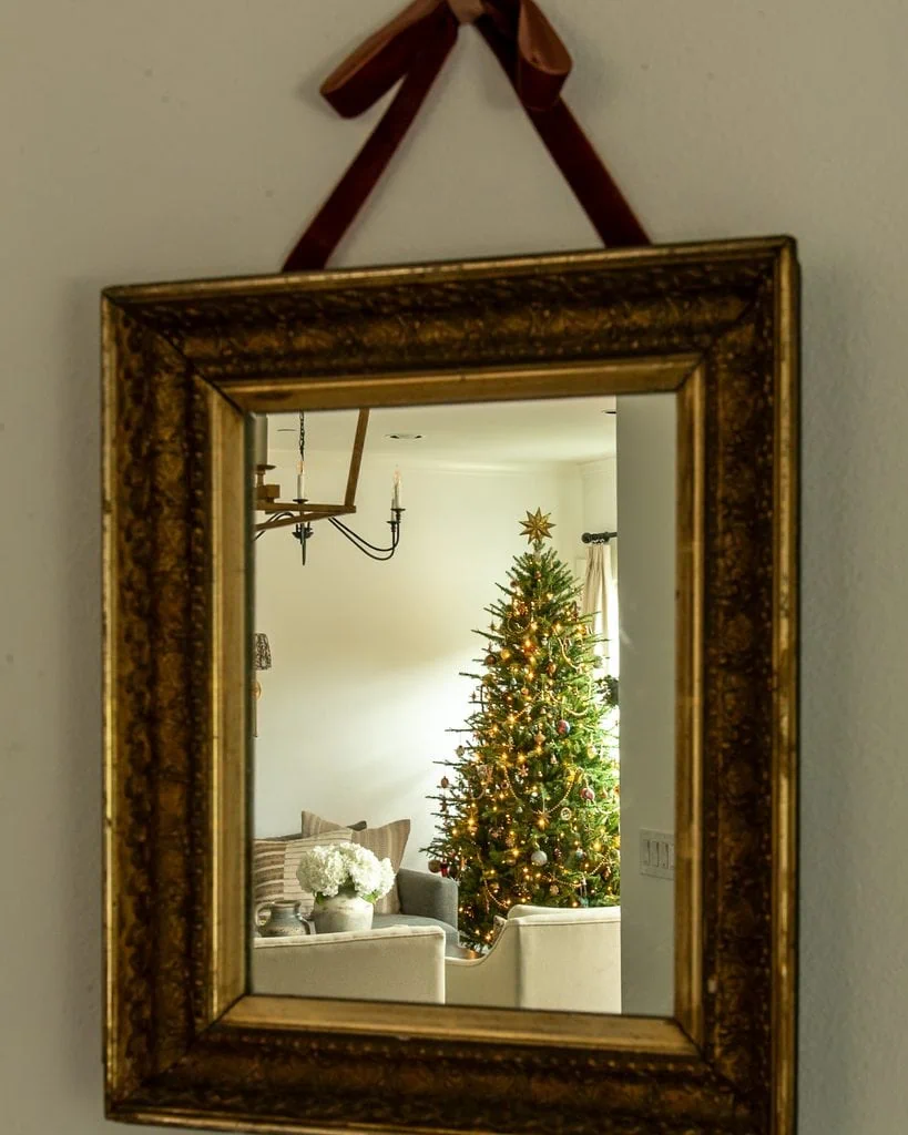 Christmas Tree Reflection In An Antique Mirror With Velvet Ribbon